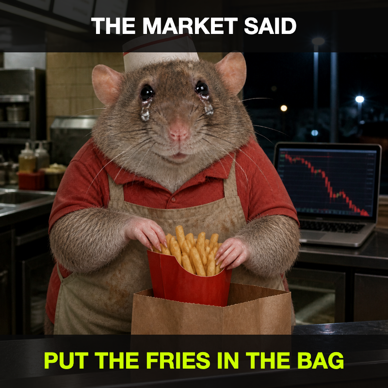 cashrat putting the fries in the bag after the market crashes