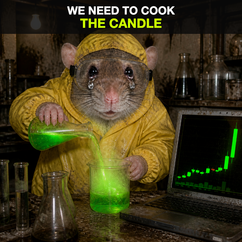 cashrat cooking a giant green candle in a basement lab