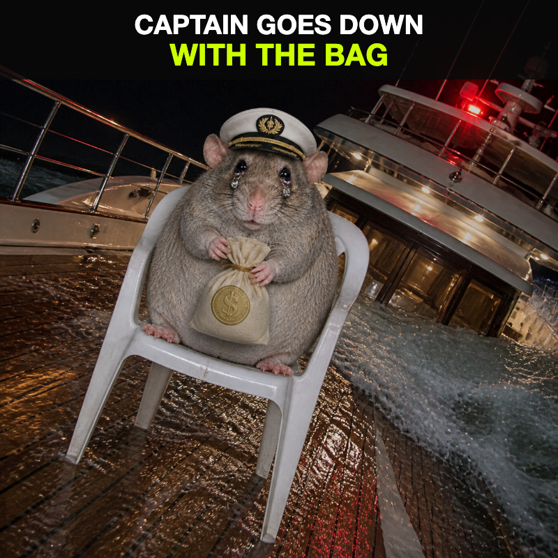 cashrat captain going down with the bag on a sinking yacht