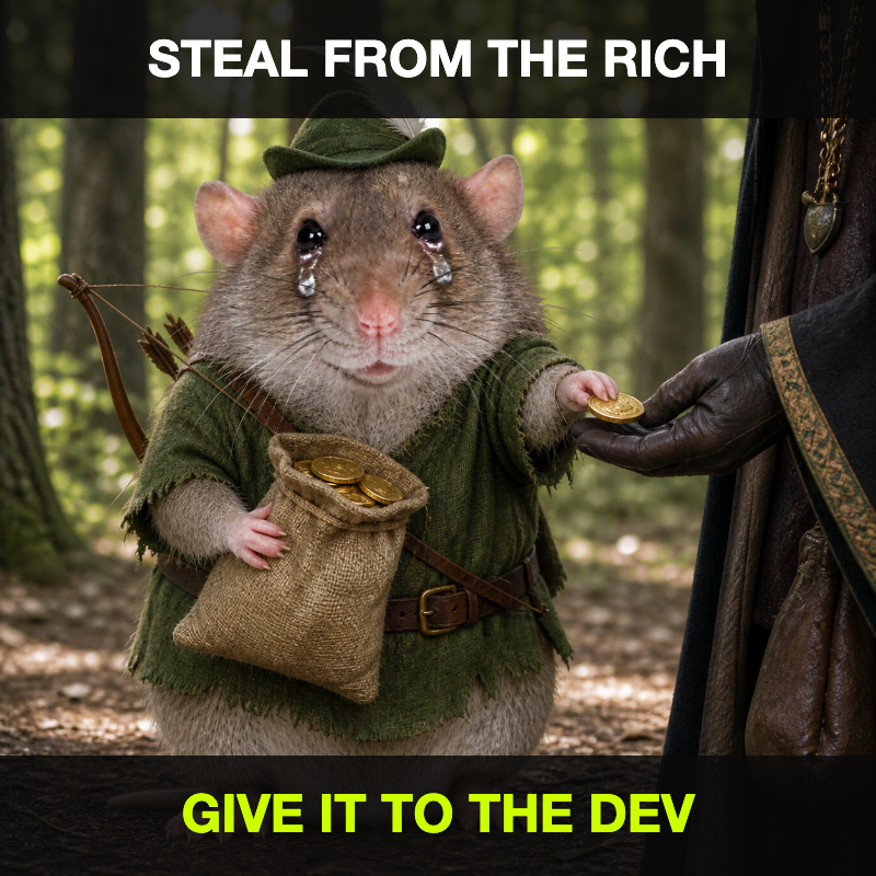 cashrat dressed as an outlaw giving stolen coins to the dev