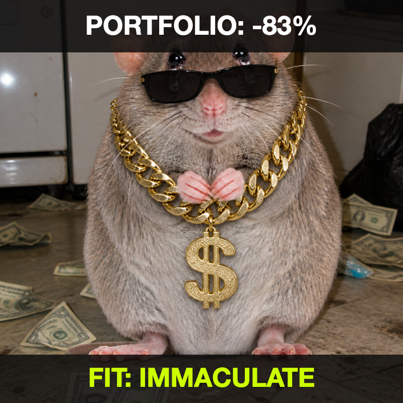 cashrat wearing a gold chain and sunglasses despite an 83 percent portfolio loss